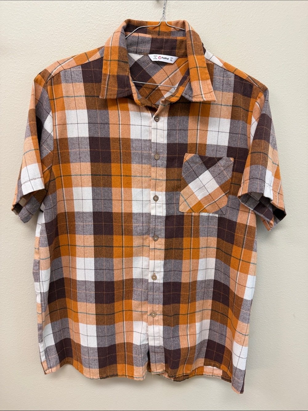 Men's Orange Brown Plaid Short-Sleeve Button-Up Shirt Two Sizes XL & L